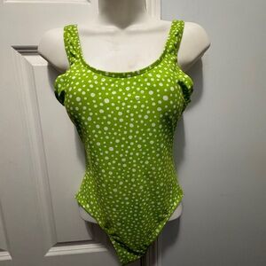 Aliana size 8 green and white polka dot one piece swim suit